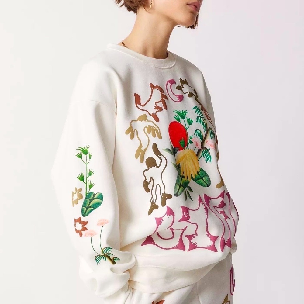 Market UO Exclusive Life Cycle Crew Neck Sweatshirt Cream Floral Sleeve Med Y2K - Picture 1 of 10